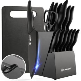 16 Pieces Kitchen Knife Block Set With Cutting Board, German Stainless Steel Knife Set With Sharpener, Dishwasher Safe, Anti-Slip Handle, 6 Steak (Option: Black-16Pieces)
